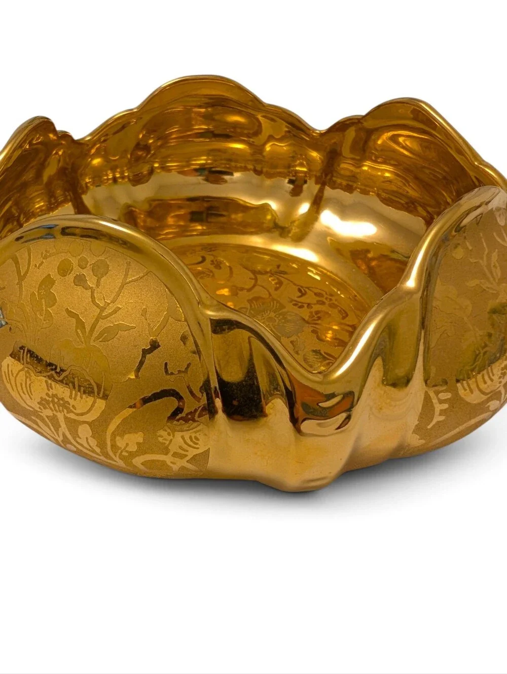 VINTAGE 21KT Porcelain Gold Bold Scalloped Floral Accent Bowl 7